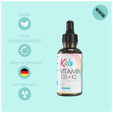 Laden Sie das Bild in den Galerie-Viewer, Vitamin D3 + K2 Tropfen Kids, speziell für Kinder, Vegan, 20ml
